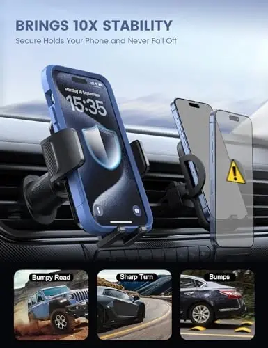 Lamicall 2025 Wider Clamp & Metal Hook Car Phone Holder Vent [Thick Cases Friendly] Phone Holders for Your Car Mount Automobile Hands Free Cradle Air Vent for iPhone 17 16 15 Pro Max Lucite Black - 3
