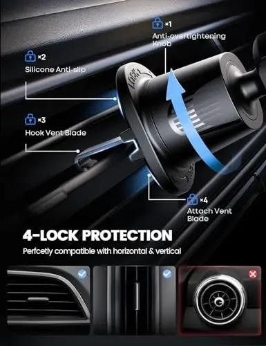 Lamicall 2025 Wider Clamp & Metal Hook Car Phone Holder Vent [Thick Cases Friendly] Phone Holders for Your Car Mount Automobile Hands Free Cradle Air Vent for iPhone 17 16 15 Pro Max Lucite Black - 4