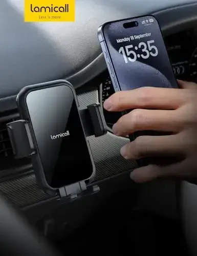 Lamicall 2025 Wider Clamp & Metal Hook Car Phone Holder Vent [Thick Cases Friendly] Phone Holders for Your Car Mount Automobile Hands Free Cradle Air Vent for iPhone 17 16 15 Pro Max Lucite Black - 6