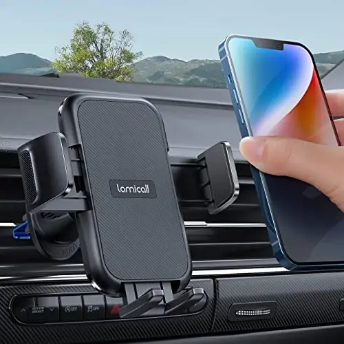 Lamicall 2025 Wider Clamp & Metal Hook Car Phone Holder Vent [Thick Cases Friendly] Phone Holders for Your Car Mount Automobile Hands Free Cradle Air Vent for iPhone 17 16 15 Pro Max Dark Grey 