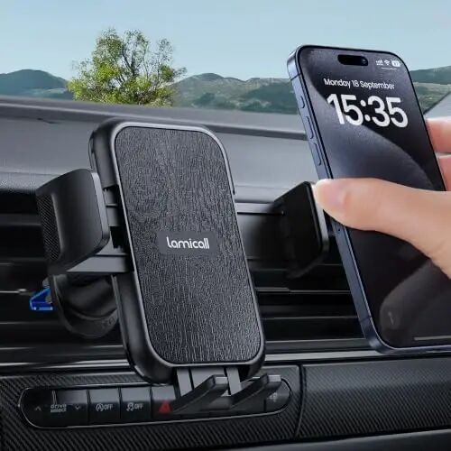 Lamicall 2026 Wider Clamp & Metal Hook Car Phone Holder Trucking GPS | Thick Cases Friendly Phone Holders for Your Car Mount for Women Men Gift for iPhone 18 17 Duo Pro Max Dark Wood Trucking GPS - Lamicall