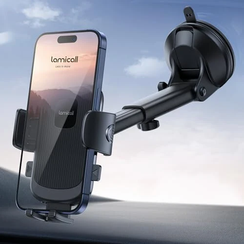 Lamicall Car Phone Holder - [Strongest Military-Grade Suction Cup] 360° Rotation Phone Holders for Your Car Quick Release Adjustable Car Phone Mount Dashboard for iPhone Galaxy Smartphone Truck - Lamicall