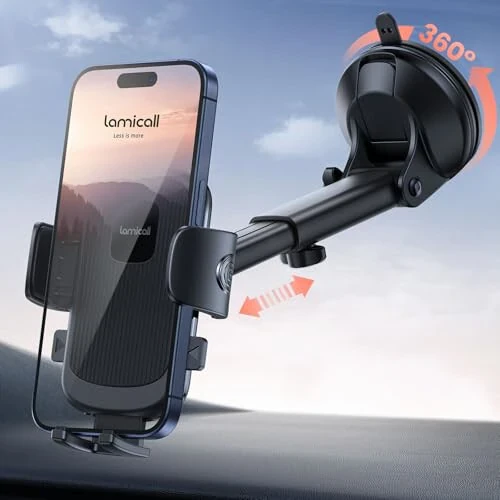 Lamicall Car Phone Holder - [Strongest Military-Grade Suction Cup] 360° Rotation Phone Holders for Your Car Quick Release Adjustable Car Phone Mount Dashboard for iPhone Galaxy Smartphone Truck - 7