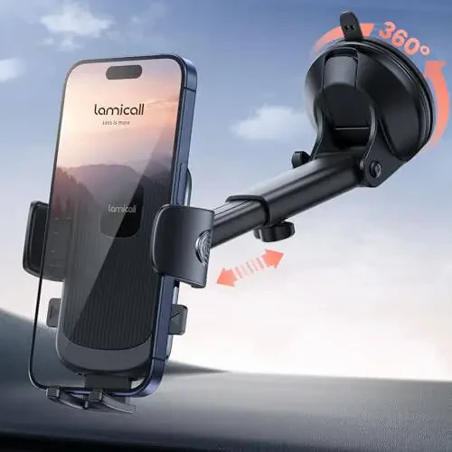 Lamicall Car Phone Holder - [Strongest Military-Grade Suction Cup] 360° Rotation Phone Holders for Your Car Quick Release Adjustable Car Phone Mount Dashboard for iPhone Galaxy Smartphone Truck - 7