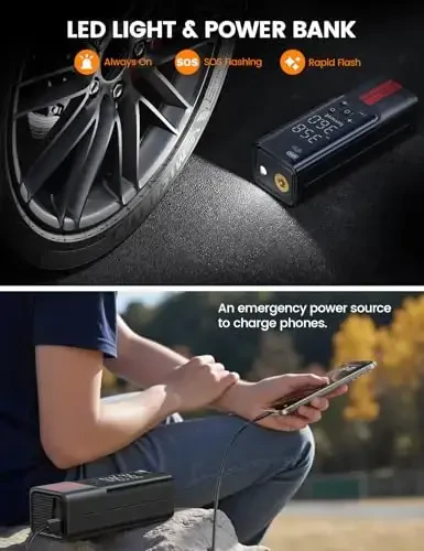 Lamicall Portable Car Tire Inflator - Air Compressor [150 PSI] [4X Faster] Cordless Car Air Pump with Rechargeable Battery, Digital Display Pressure Gauge, LED Light, for Cars, Motorcycles, Bike, Ball - 6