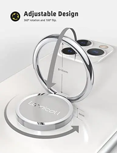 Lamicall Silver Cell Phone Ring Finger Stand - Phone Ring Grip Holder Kickstand, Metal Grip Hook Work with Magnetic Car Mount, Compatible with iPhone 16 15 Pro Max Plus XR, Smartphone Accessories - 5