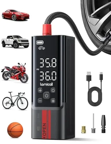 Lamicall Portable Car Tire Inflator - Air Compressor [150 PSI] [4X Faster] Cordless Car Air Pump with Rechargeable Battery, Digital Display Pressure Gauge, LED Light, for Cars, Motorcycles, Bike, Ball 