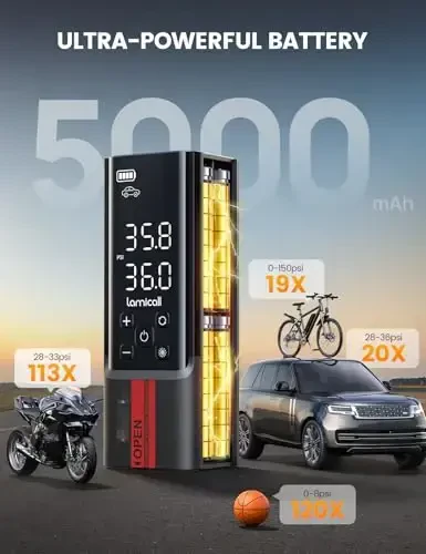 Lamicall Portable Car Tire Inflator - Air Compressor [150 PSI] [4X Faster] Cordless Car Air Pump with Rechargeable Battery, Digital Display Pressure Gauge, LED Light, for Cars, Motorcycles, Bike, Ball - 4