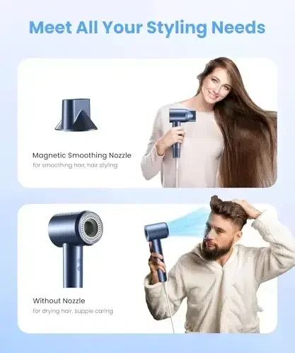 LAMPICK Hair Dryer, Ionic Blow Dryer, Professional High-Speed Hairdryer with 110,000 RPM Motor for Fast Drying, 5 Temps/3 Speeds Lightweight Hairdryer with Magnetic Nozzle for Home Travel Women Man - 2