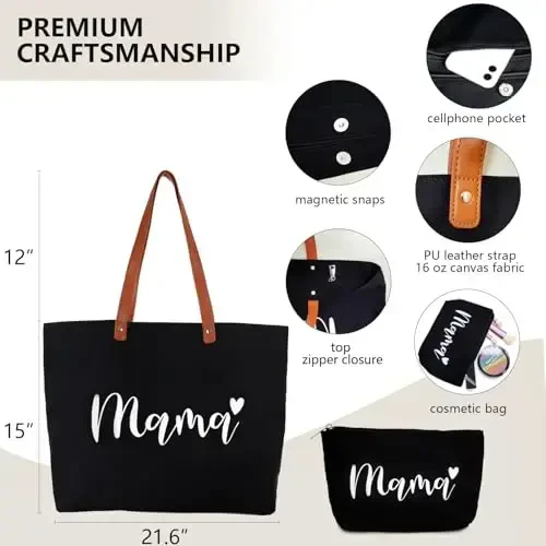 Lamyba New Mom Gifts, Mothers Day Gifts From Daughter Son Kids, Mama Bag Tote for Hospital or Baby Essentials, Pregnancy Must Haves, Mom to Be Gift, Black - 1