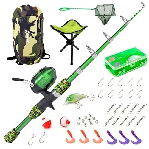 Lanaak Kids Fishing Pole, Kids Portable Telescopic Fishing Rod Set, Tackle Box and Fishing Net Combo Kit, Kids Fishing Gear for Boys and Girls Age 5-10 and Youth - 1