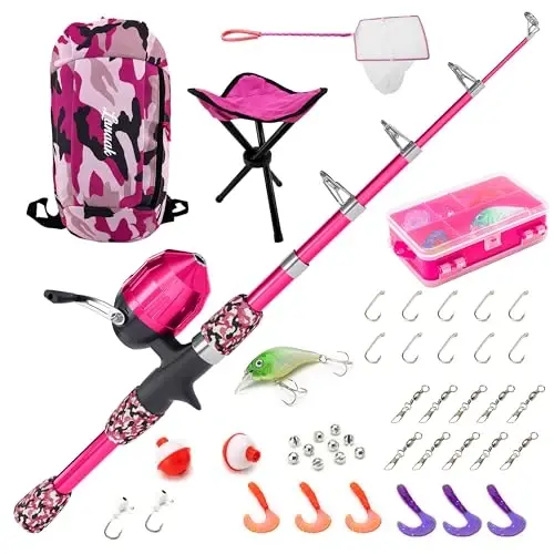 Lanaak Kids Fishing Pole, Kids Portable Telescopic Fishing Rod Set, Tackle Box and Fishing Net Combo Kit, Kids Fishing Gear for Boys and Girls Age 5-10 and Youth - 1