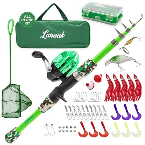 Lanaak Kids Fishing Pole and Tackle Box - with Net, Travel Bag, Reel and Beginner’s Guide - Rod and Reel Kit for Boys, Girls, or Youth - Lanaak