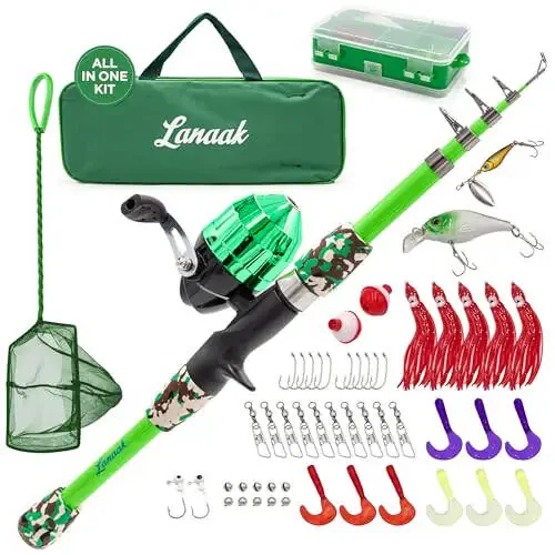 Lanaak Kids Fishing Pole and Tackle Box - with Net, Travel Bag, Reel and Beginner’s Guide - Rod and Reel Kit for Boys, Girls, or Youth - 1