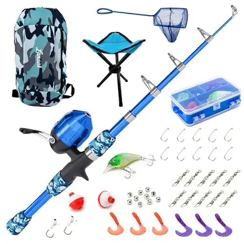 Lanaak Kids Fishing Pole, Kids Portable Telescopic Fishing Rod Set, Tackle Box and Fishing Net Combo Kit, Kids Fishing Gear for Boys and Girls Age 5-10 and Youth 