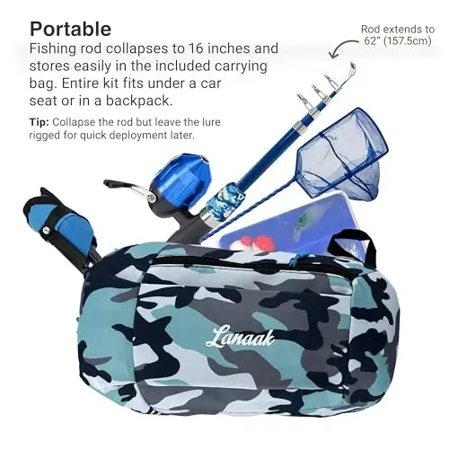 Lanaak Kids Fishing Pole, Kids Portable Telescopic Fishing Rod Set, Tackle Box and Fishing Net Combo Kit, Kids Fishing Gear for Boys and Girls Age 5-10 and Youth - 3