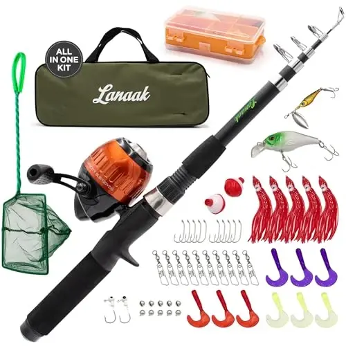Lanaak Kids Fishing Pole, Kids Portable Telescopic Fishing Rod Set, Tackle Box and Fishing Net Combo Kit, Kids Fishing Gear for Boys and Girls Age 5-10 and Youth - 1