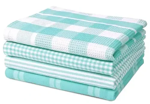 LANE LINEN 100% Cotton Kitchen Dish Cloths, Ultra Soft Absorbent Quick Drying Dish Towels, Multiweave Wash Cloths Dish Towel Sets, 13x28 Inches, 4 Pack - Aqua 