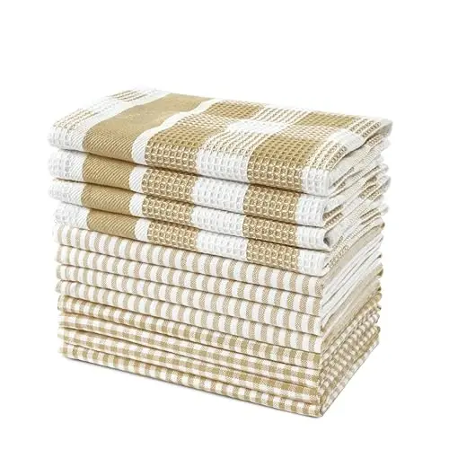 LANE LINEN 100% Cotton Kitchen Dish Cloths, Ultra Soft Absorbent Quick Drying Dish Towels, Multiweave Wash Cloths Dish Towel Sets, 12x12 Inches, 12 Pack - Beige - LANE LINEN