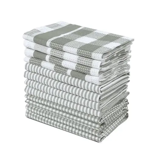 LANE LINEN 100% Cotton Kitchen Dish Cloths, Ultra Soft Absorbent Quick Drying Dish Towels, Multiweave Wash Cloths Dish Towel Sets, 12x12 Inches, 12 Pack - Grey 