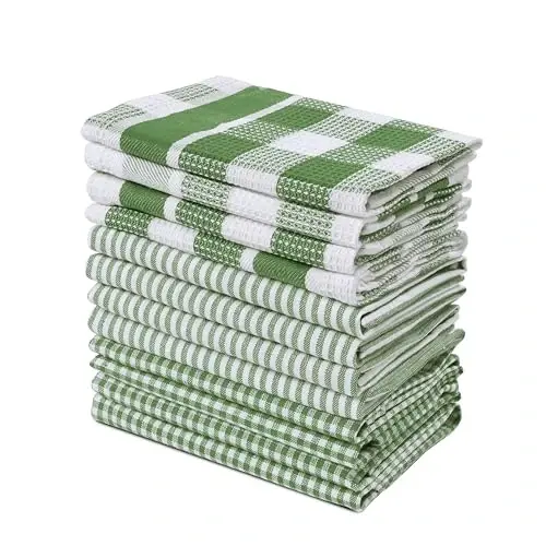LANE LINEN 100% Cotton Kitchen Dish Cloths, Ultra Soft Absorbent Quick Drying Dish Towels, Multiweave Wash Cloths Dish Towel Sets, 12x12 Inches, 12 Pack - Olive 
