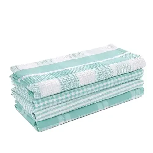 LANE LINEN 100% Cotton Kitchen Dish Cloths, Ultra Soft Absorbent Quick Drying Dish Towels, Multiweave Wash Cloths Dish Towel Sets, 13x28 Inches, 4 Pack - Aqua - 5