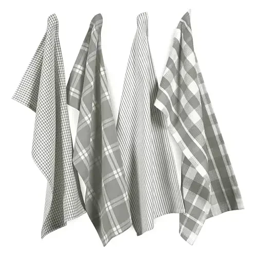 LANE LINEN 100% Cotton Kitchen Dish Cloths, Ultra Soft Absorbent Quick Drying Dish Towels, Multiweave Wash Cloths Dish Towel Sets, 13x28 Inches, 4 Pack - Grey 