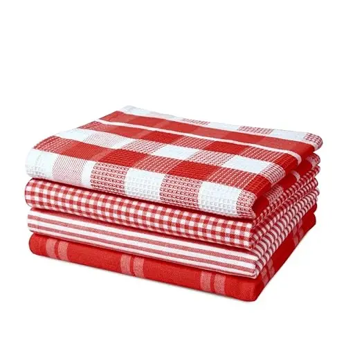 LANE LINEN 100% Cotton Kitchen Dish Cloths, Ultra Soft Absorbent Quick Drying Dish Towels, Multiweave Wash Cloths Dish Towel Sets, 13x28 Inches, 4 Pack - Red - 2