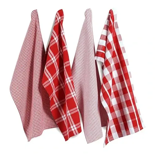 LANE LINEN %100 Pamuk Mutfak Bulaşık Bezleri, Ultra Yumuşak Emici Hızlı Kuruyan Bulaşık Havluları, Çok Dokumalı Yıkama Bezleri Bulaşık Havlusu Setleri, 13x28 İnç, 4'lü Paket - Kırmızı 