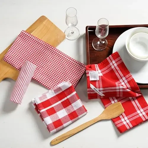 LANE LINEN %100 Pamuk Mutfak Bulaşık Bezleri, Ultra Yumuşak Emici Hızlı Kuruyan Bulaşık Havluları, Çok Dokumalı Yıkama Bezleri Bulaşık Havlusu Setleri, 13x28 İnç, 4'lü Paket - Kırmızı - 3