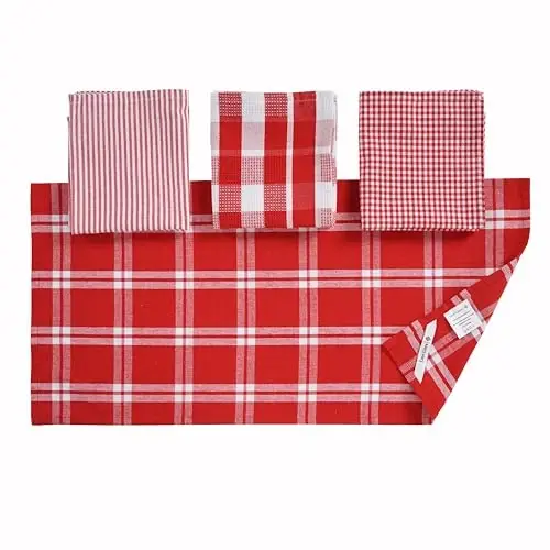 LANE LINEN %100 Pamuk Mutfak Bulaşık Bezleri, Ultra Yumuşak Emici Hızlı Kuruyan Bulaşık Havluları, Çok Dokumalı Yıkama Bezleri Bulaşık Havlusu Setleri, 13x28 İnç, 4'lü Paket - Kırmızı - 4