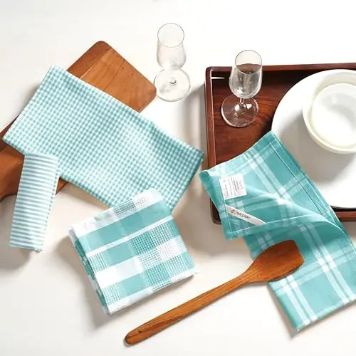 LANE LINEN %100 Pamuk Mutfak Bulaşık Bezleri, Ultra Yumuşak Emici Hızlı Kuruyan Bulaşık Havluları, Çoklu Dokuma Bulaşık Havlusu Setleri, 13x28 İnç, 4'lü Paket - Aqua - 4