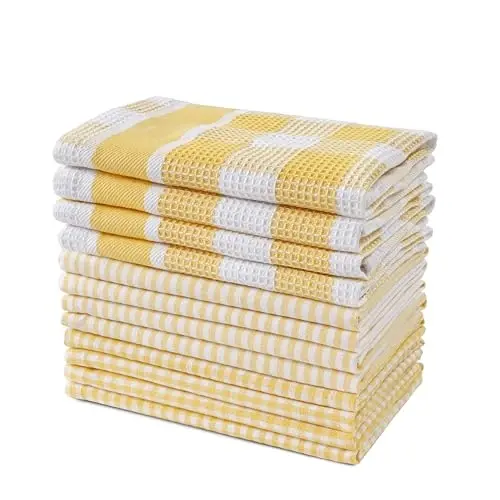LANE LINEN %100 Pamuk Mutfak Bulaşık Bezleri, Ultra Yumuşak Emici Hızlı Kuruyan Bulaşık Havluları, Çoklu Dokuma Yıkama Bezleri Bulaşık Havlusu Setleri, 12x12 İnç, 12'li Paket - Sarı 