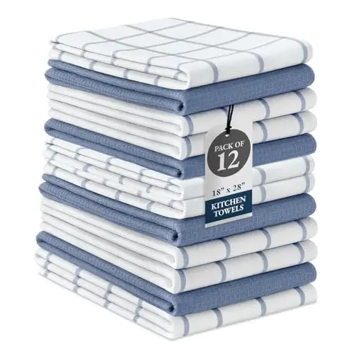 LANE LINEN 12'li Bulaşık Havlusu Seti - 18” x 28” Yumuşak, Emici Pamuklu Mutfak Havluları, Hızlı Kuruyan Çay ve El Havluları, Premium Dekoratif Bulaşık Bezleri - İndigo 