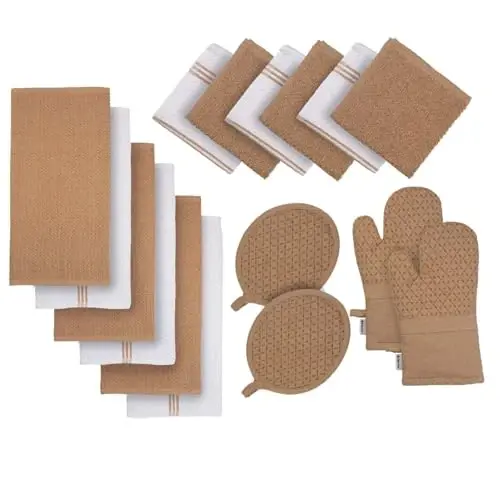 LANE LINEN 16 Piece Kitchen Dish Cloths Set - 100% Cotton Dish Towels, Heat Resistant Kitchen Mittens and Pot Holder Set, Reusable Dish Rags for Washing Dishes, Dish Towels for Kitchen Drying - Beige 