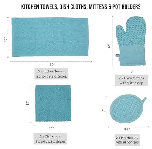 Lane Linen 16 Parça Mutfak Havlusu Seti - Isıya Dayanıklı Fırın Eldivenleri & Tencere Tutacakları, Yeniden Kullanılabilir Bulaşık Bezleri, Emici El Havluları - Aqua - LANE LINEN (1)