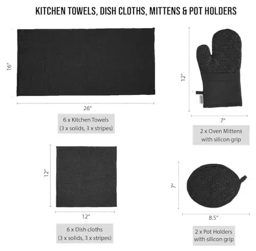 LANE LINEN 16-Piece Kitchen Towels & Dishcloths Set – Heat Resistant Silicone Oven Mitts, Pot Holder & Absorbent Terry Dish Towels – Black - 2