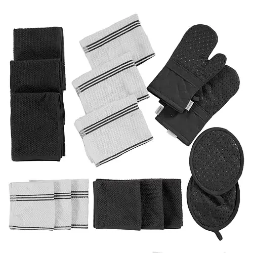 LANE LINEN 16-Piece Kitchen Towels & Dishcloths Set – Heat Resistant Silicone Oven Mitts, Pot Holder & Absorbent Terry Dish Towels – Black 