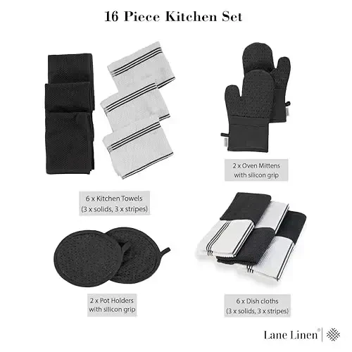 LANE LINEN 16-Piece Kitchen Towels & Dishcloths Set – Heat Resistant Silicone Oven Mitts, Pot Holder & Absorbent Terry Dish Towels – Black - 3
