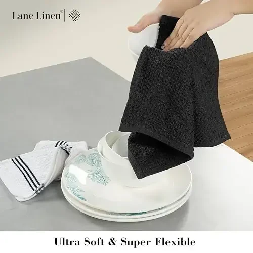 LANE LINEN 16-Piece Kitchen Towels & Dishcloths Set – Heat Resistant Silicone Oven Mitts, Pot Holder & Absorbent Terry Dish Towels – Black - 7