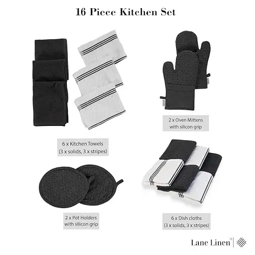 LANE LINEN 16-Piece Kitchen Towels & Dishcloths Set – Heat Resistant Silicone Oven Mitts, Pot Holder & Absorbent Terry Dish Towels – Black - 3