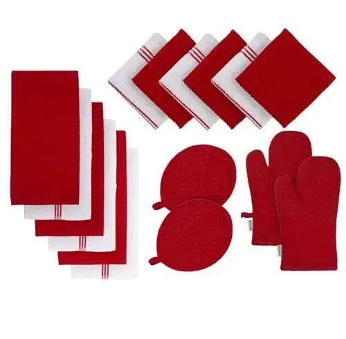 Lane Linen 16 Pc Kitchen Dish Towels Set - 6 Absorbent Terry Kitchen Hand Towels, 6 Dish Cloths for Washing Dishes, 2 Silicone Grip Potholders & 2 Silicone Oven Mitts - Red - LANE LINEN