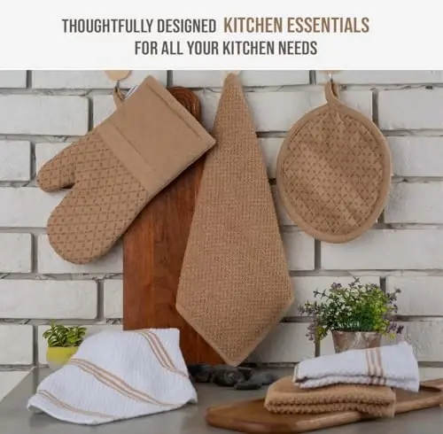 Lane Linen 16 Pc Kitchen Dish Towels Set - 6 Absorbent Terry Kitchen Hand Towels, 6 Dish Cloths for Washing Dishes, 2 Silicone Grip Potholders & 2 Silicone Oven Mitts - Red - 3