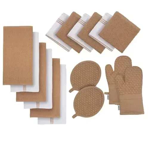 LANE LINEN 16 Piece Dish Cloths Set - 100% Cotton, Heat Resistant Mittens and Pot Holder Set, Reusable Dish Rags for Washing, Absorbent Towels for Kitchen Drying - Beige 