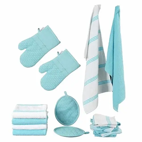 Lane Linen 16Pc Kitchen Towel Set - Heat Resistant Oven Mitts & Pot Holders, Reusable Dish Cloths, Absorbent Hand Towels - Aqua - 1
