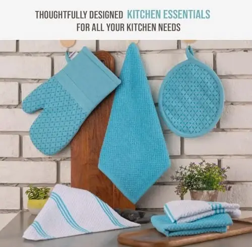 Lane Linen 16Pc Kitchen Towel Set - Heat Resistant Oven Mitts & Pot Holders, Reusable Dish Cloths, Absorbent Hand Towels - Aqua - 3
