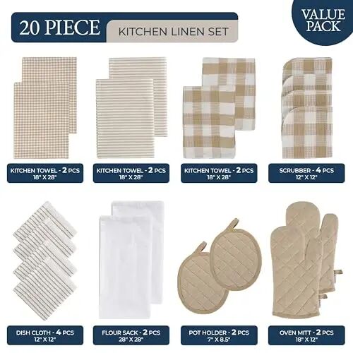 LANE LINEN 20 Piece Kitchen Linen Set - Soft Absorbent Cotton Dish Towels, Reusable Terry Dish Cloths, Flour Sack Towels for Baking, Quilted Oven Mitts & Pot Holders for Everyday Cooking - Beige - LANE LINEN (1)