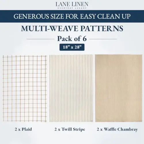 LANE LINEN Cotton Kitchen Towels and Dish Cloths Set, 6-Pack – Absorbent, Quick-Drying Dish Towel, 18