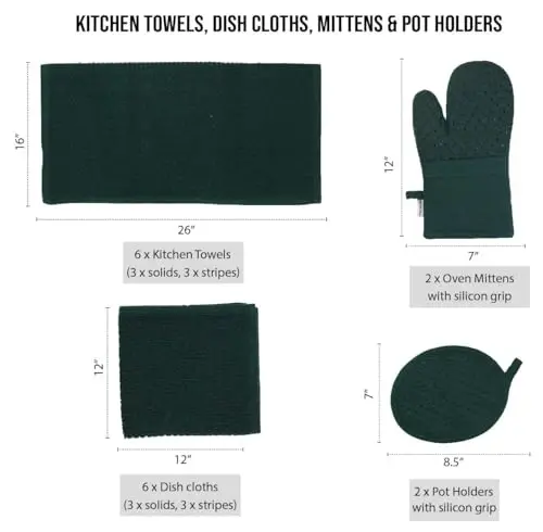LANE LINEN Dish Towels and Dishcloths Sets - 16 Pc Kitchen Mitts and Pot Holders, 100% Cotton Kitchen Dish Rags for Washing Dishes - Green - LANE LINEN (1)