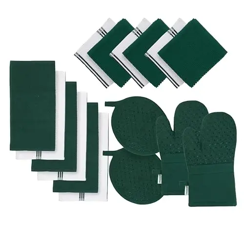 LANE LINEN Dish Towels and Dishcloths Sets - 16 Pc Kitchen Mitts and Pot Holders, 100% Cotton Kitchen Dish Rags for Washing Dishes - Green - 1